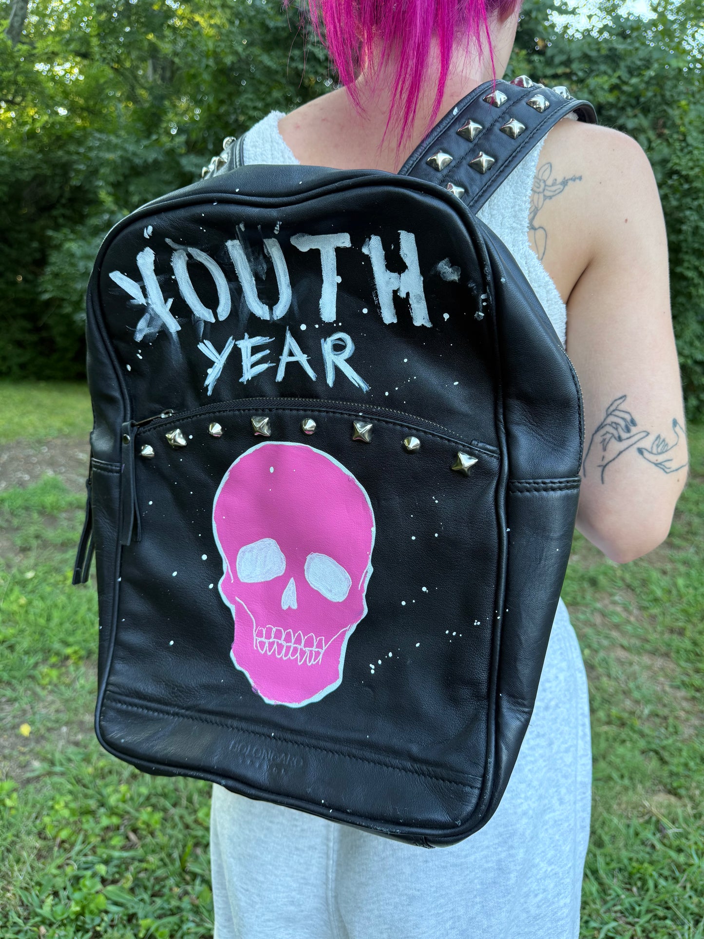 Leather Backpack Pink Skull