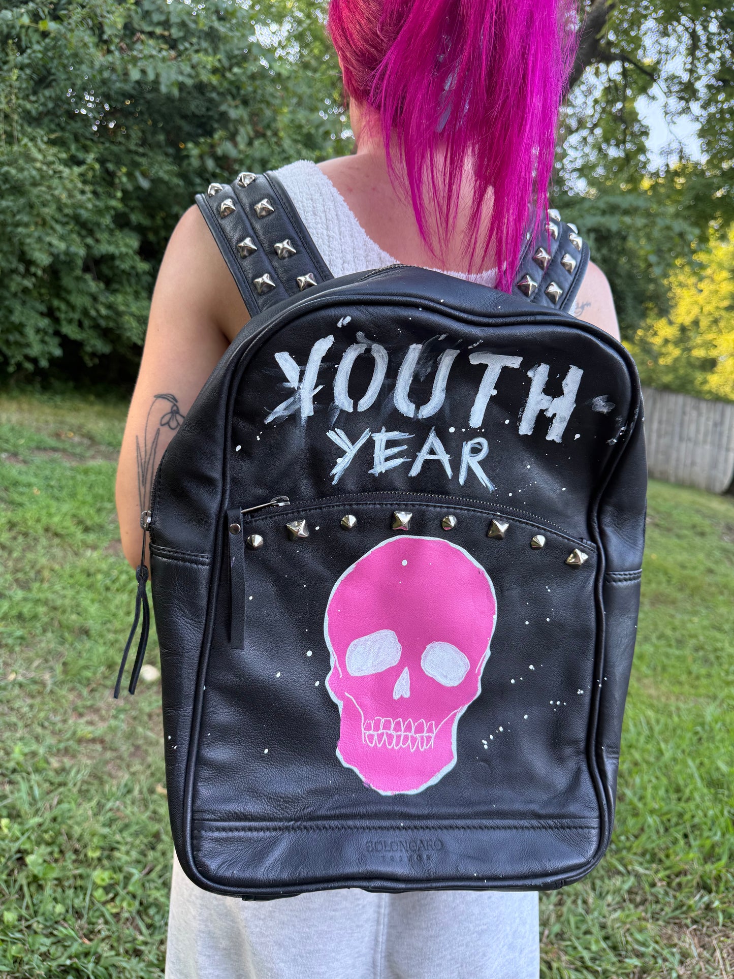 Leather Backpack Pink Skull