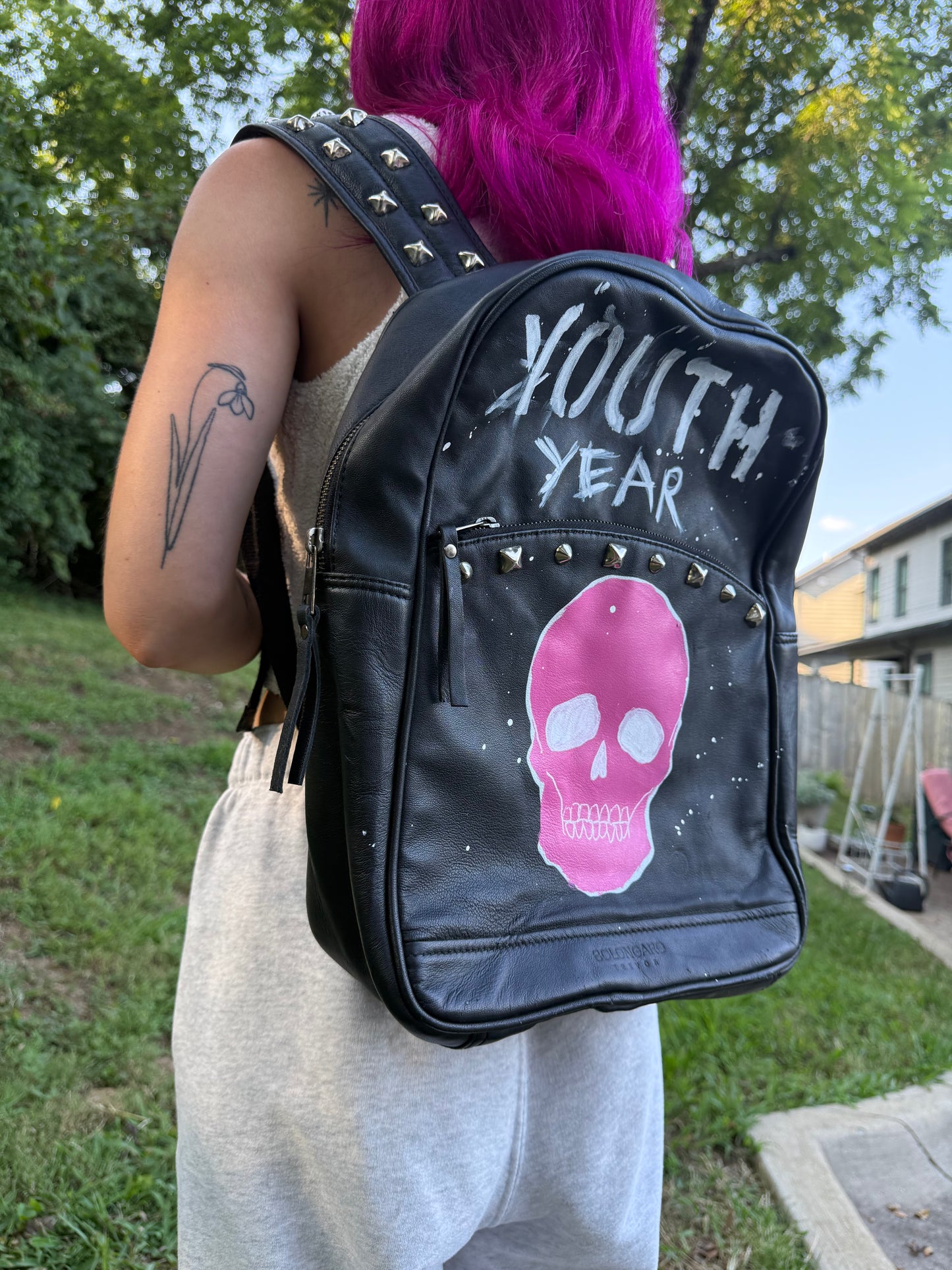 Leather Backpack Pink Skull